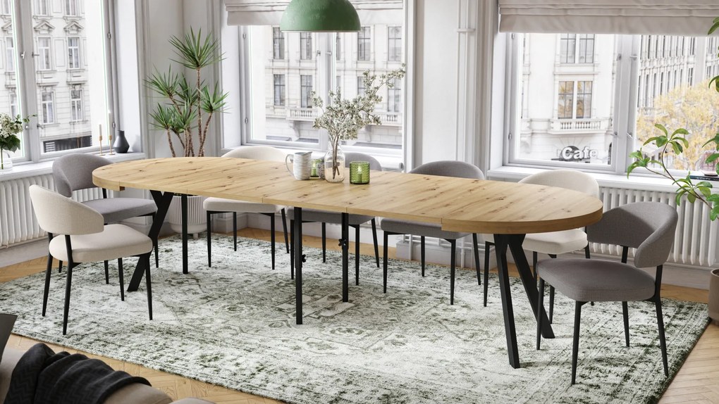 Mazzoni EXPANSO Stejar Artisan/picioare negre - MASĂ MARE ROTUNDĂ Ø110 EXTENSIBILĂ PÂNĂ LA 310 cm CU PICIOARE Y LOFT/INDUSTRIALĂ