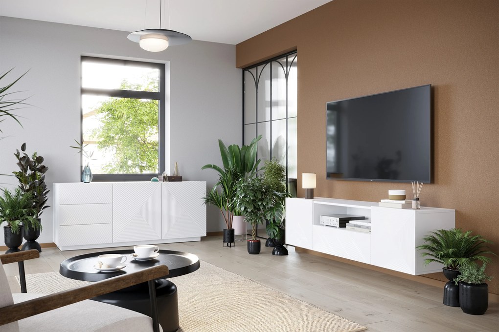 Comodă Asha 167 cm cu două uși și sertare - alb lucios