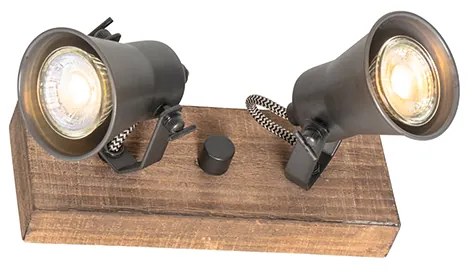Spotlight rustic negru cu lemn 2 lumini reglabile - Jelle