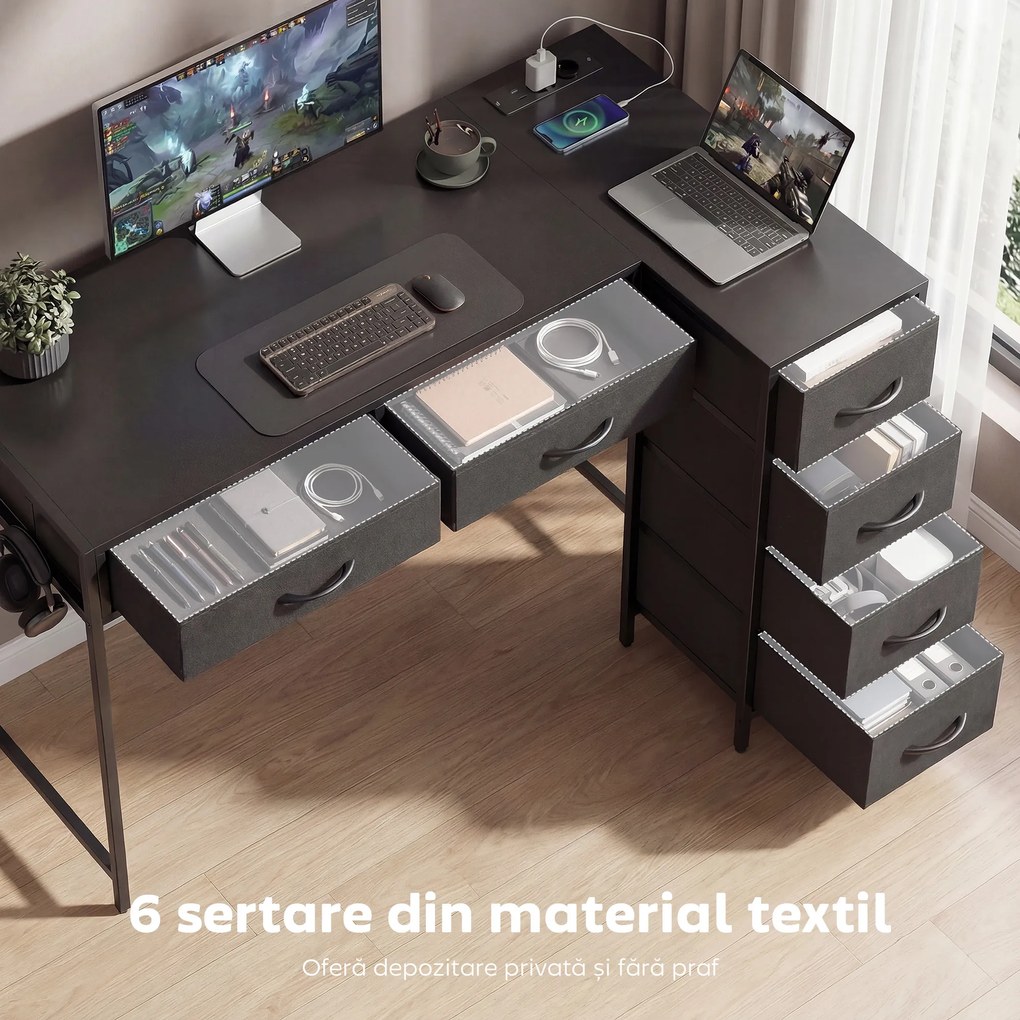 HOMCOM Birou de Colț Reversibil cu Prize și Porturi USB, 126x48 cm Birou în Formă de L cu 6 Sertare din Material Textil, Cârlig Lateral, pentru Computer, Birou, Cameră, Negru | Aosom Romania