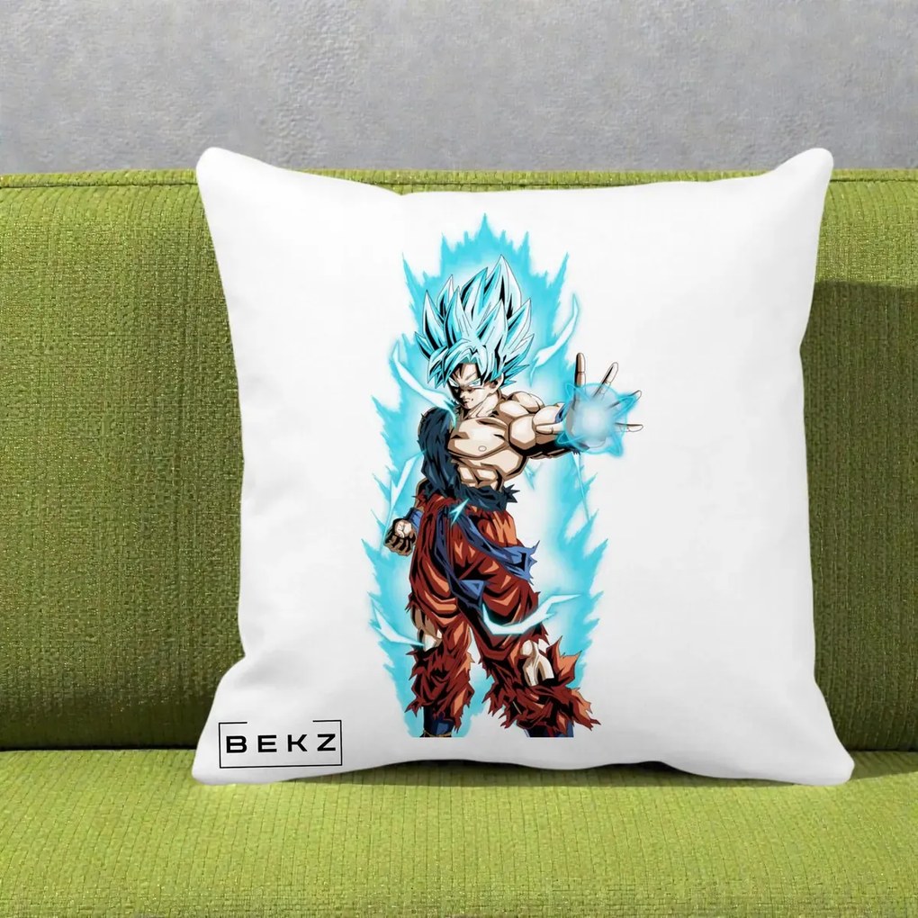 Perna Personalizata Dragon Ball Goku Ultra Instinct Blue, 40x40 cm, Alba Mata, Husa Detasabila, Perna Inclusa, BEKZ®
