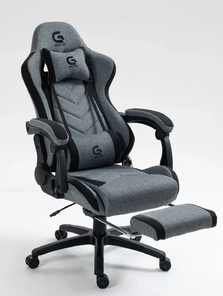 Scaun gaming cu masaj în perna lombară, sezut benzi elastice sustinere, suport picioare, material textil, Gri/Negru