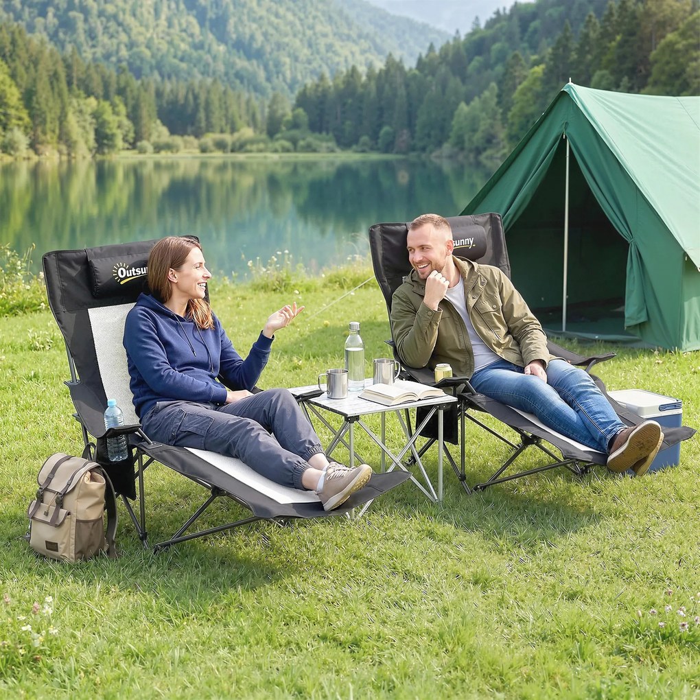 Outsunny Set de 2 Scaune Pliabile Rabatabile pentru Camping cu Suport Picioare Detașabil, Tetieră, Suport Pahar și Husă, Negru | Aosom Romania
