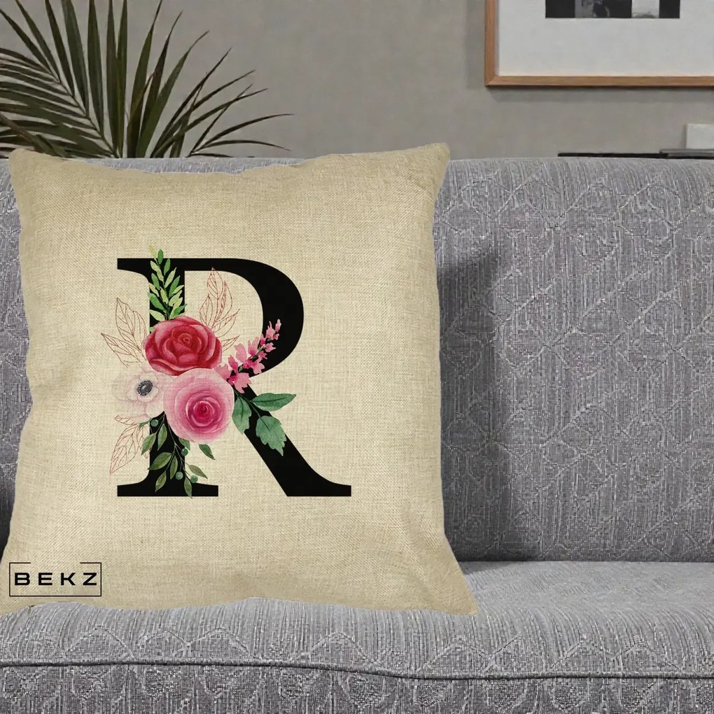 Cadou Personalizat - Perna Personalizata Monograma Florala Litera R, 40x40 cm, Crem, Husa Detasabila, Perna Inclusa, BEKZ®