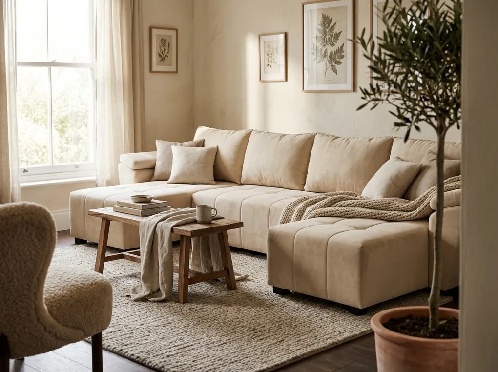 Coltar extensibil in forma de U LIVARO 305x140 cm, crem