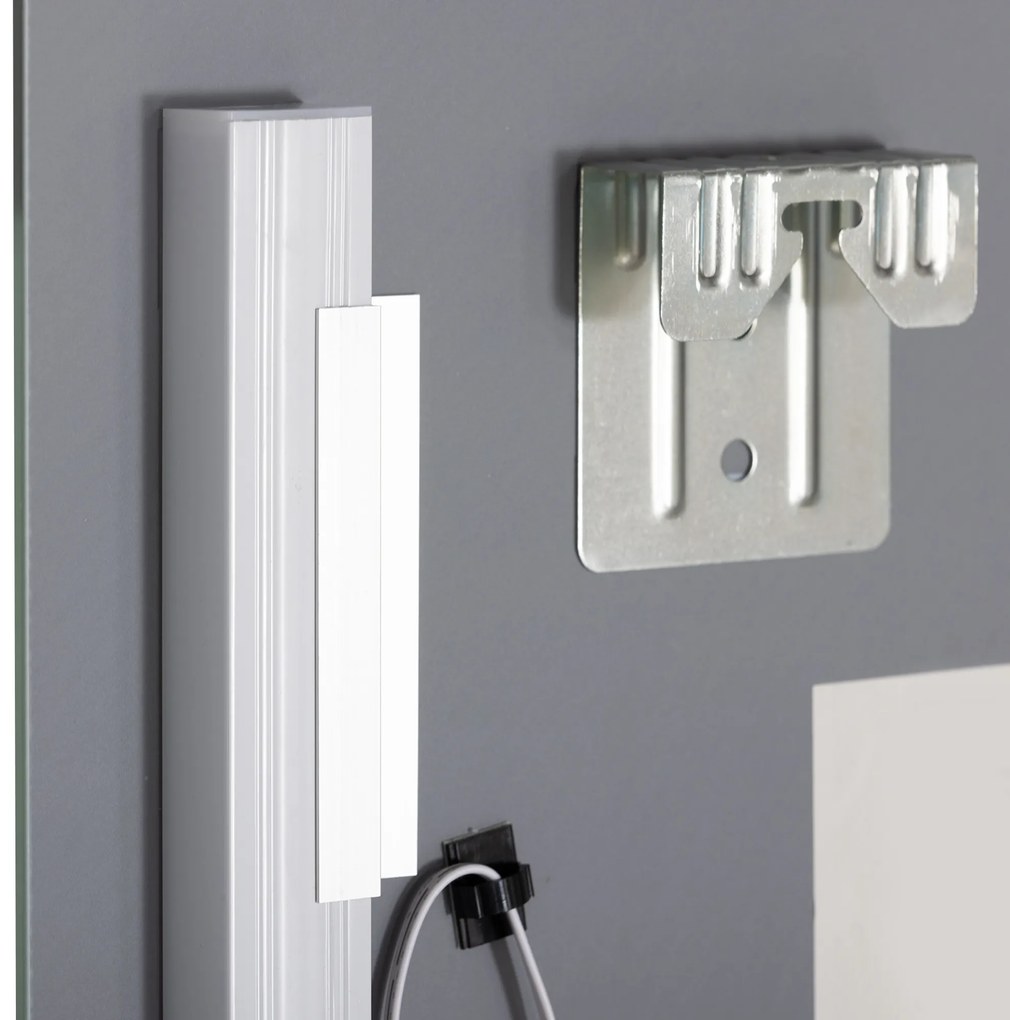Kleankin Oglindă Baie cu Lumină LED Reglabilă pe 3 Culori și Raft din Sticlă, 50x12x70 cm, Argintiu | Aosom Romania