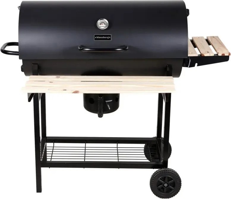 Gratar pe carbuni Klausberg KB 9033, Capac cu inchidere, Termometru, Suporturi laterale, Sertar pentru cenusa, Roti, Otel, Negru