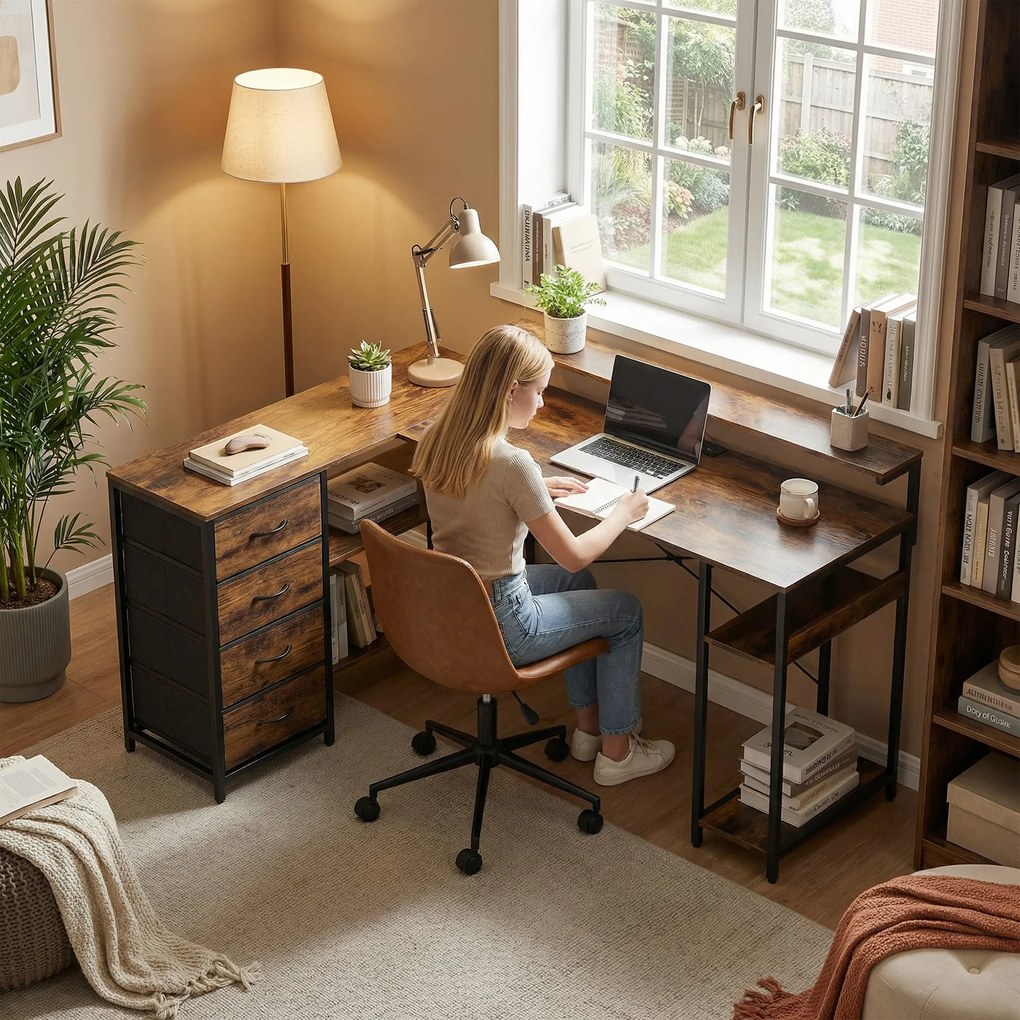 HOMCOM Birou de gaming în formă de L cu priză integrată, iluminare LED, 4 sertare, suport monitor 155x110x91,4 cm Maro | Aosom Romania