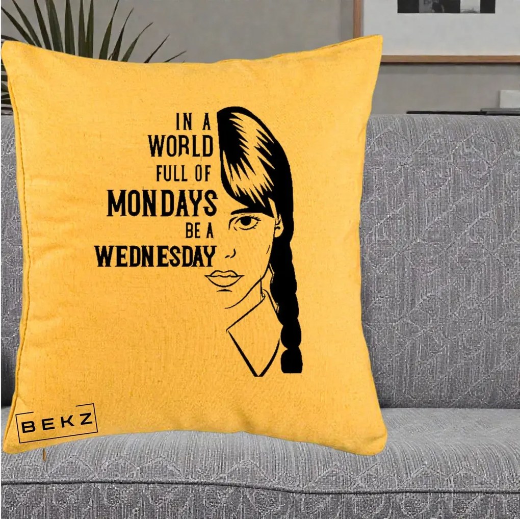 Perna Personalizata Wednesday Be a Wednesday, 40x40 cm, Galben, Husa Detasabila, Perna Inclusa, BEKZ®