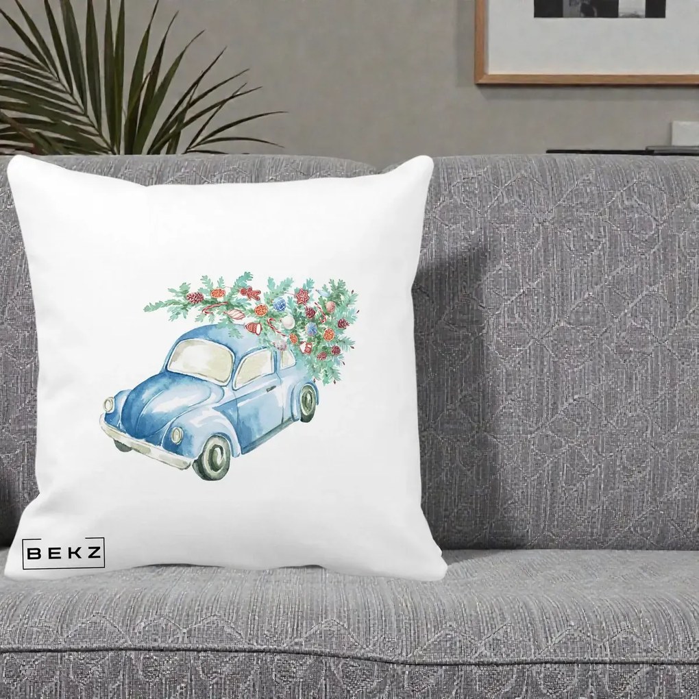 Perna Decorativa Masinuta Albastra cu Brad de Craciun, 40x40 cm, Alba Mata, Husa Detasabila, Perna Inclusa, BEKZ®