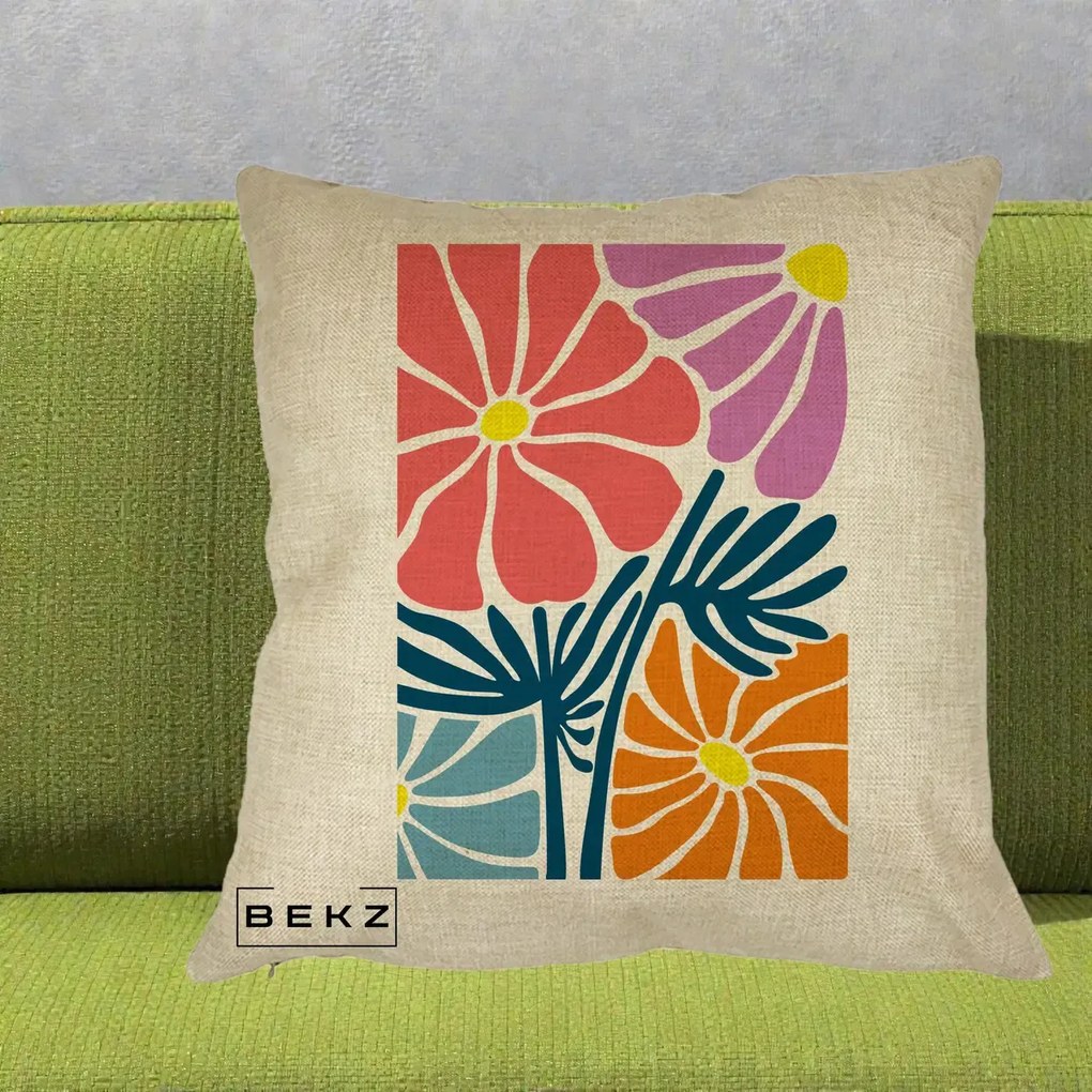 Perna Decorativa Flori Grafice Roz-Orange-Albastru, 40x40 cm, Crem, Husa Detasabila, Perna Inclusa, BEKZ®
