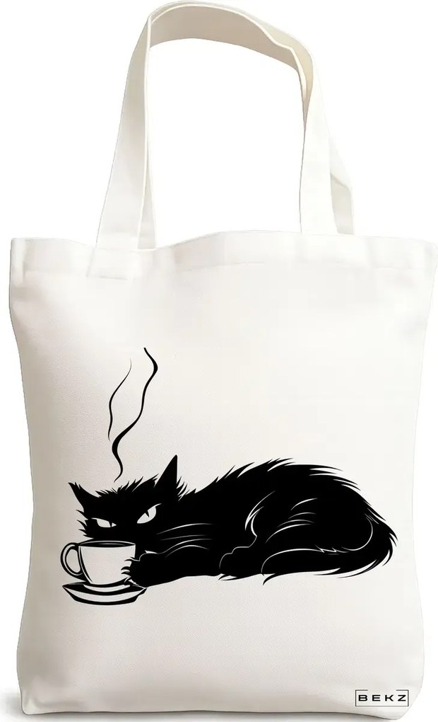 Sacosa de Panza pentru Cumparaturi, Geanta Tote, model Caffeine Cat 21 38 x 34.5 cm, Alba, BEKZ®