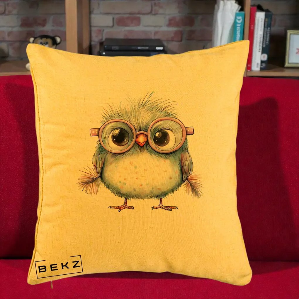 Perna Decorativa Pui Pufos cu Ochelari Roz, 40x40 cm, Galben, Husa Detasabila, Perna Inclusa, BEKZ®