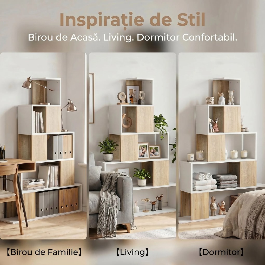 HOMCOM Bibliotecă cu 5 Rafturi Tip Trepte, Alb și Lemn Natural | Aosom Romania