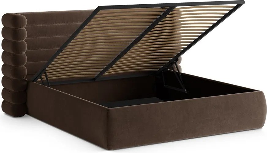 Pat matrimonial maro tapițat cu spațiu de depozitare cu somieră 200x200 cm Mount – Micadoni