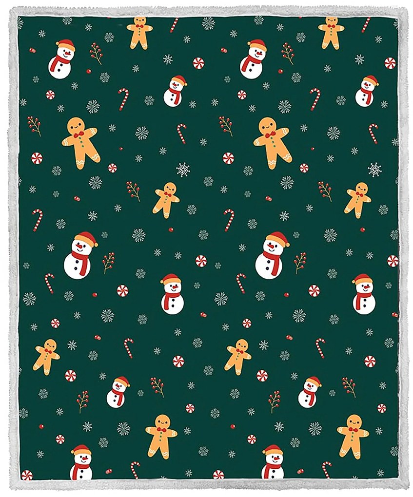 Patura miel de Craciun din microplus Om zapada si turta dulce verde inchis Dimensiuni: 200 x 220 cm