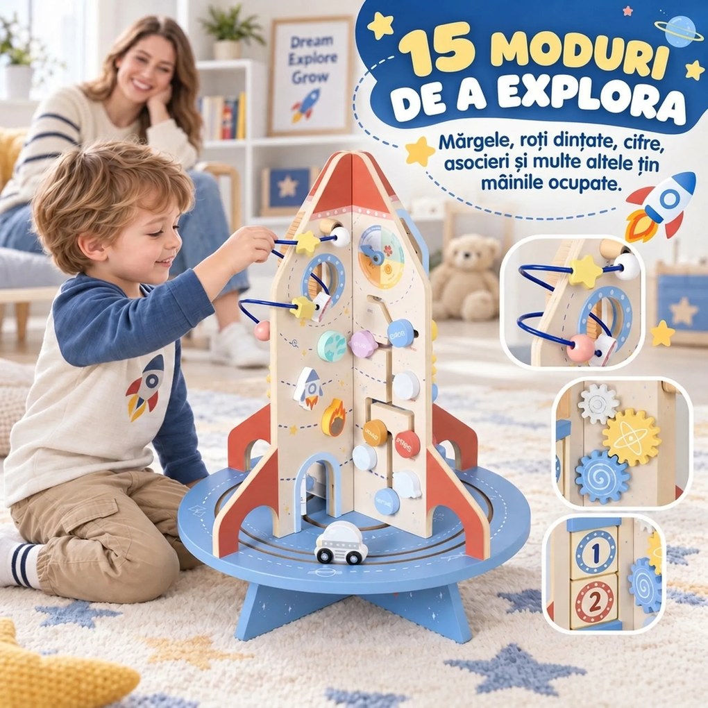 AIYAPLAY Masă Educativă Montessori pentru Copii din Lemn, cu Tematică Rachetă, Traseu de Bile, Angrenaje și Abac | Aosom Romania