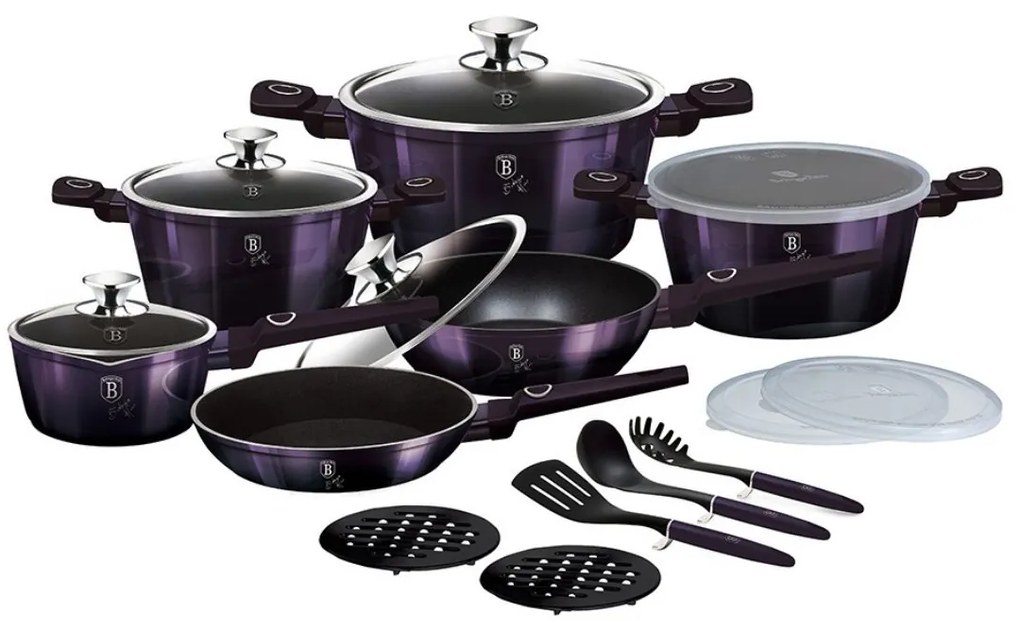 Set oale si tigai cu capace 18 piese Purple Eclipse Berlinger Haus BH 7145, antiaderente, strat titan, mov