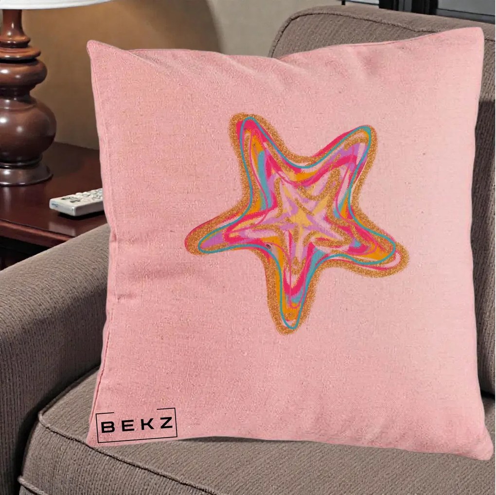 Perna Decorativa Stea de Mare Neon Curcubeu, 40x40 cm, Roz, Husa Detasabila, Perna Inclusa, BEKZ®