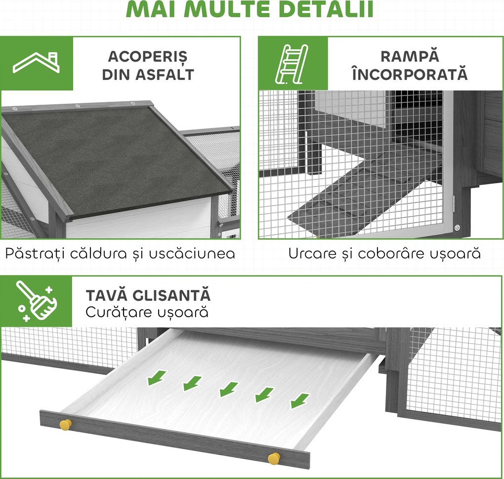 PawHut Coteț din Lemn pentru Găini Ouașe de Exterior cu 2 Recinții Laterale, Cuibar, Acoperiș Impermeabil, Tavă Glisantă, Zonă de Odihnă, Uși și Rampă, pentru 2-4 Găini, 247x118x113.5cm, Gri | Aosom Romania