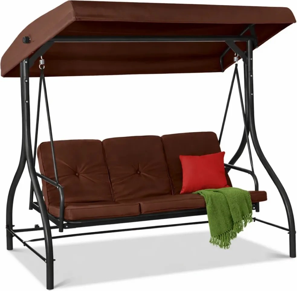 Leagan de grădină, șezlong tip pat, 3 locuri, copertina reglabila, cadru otel, 194x120x173 cm, Maro