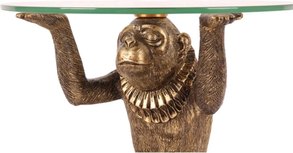 Măsuță decorativă sculptată rotundă, auriu, cu bază în formă de maimuță și blat din sticlă, finisaj antichizat, 26,5 x 25 cm, „Singerie”