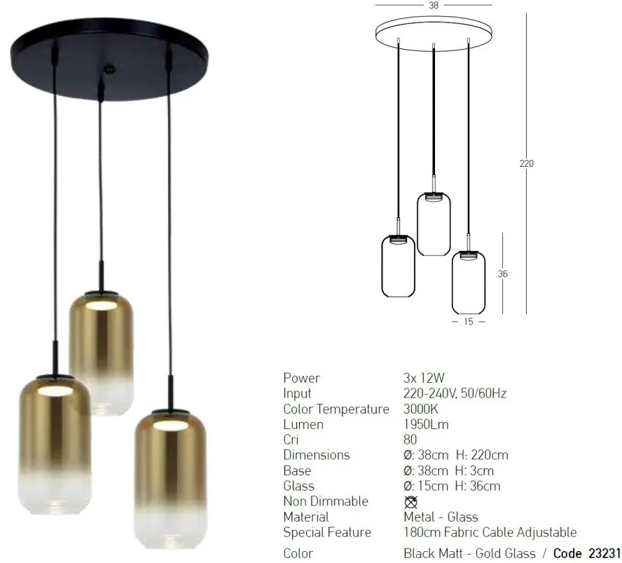 Lustra LED suspendata design decorativ Chloe 3L negru/auriu