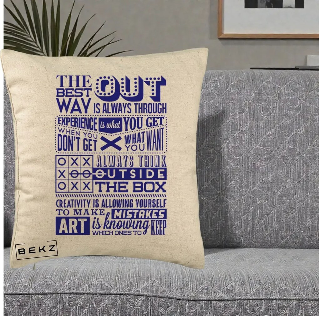 Perna Decorativa Citate Creativitate Albastru, 40x40 cm, Bej, Husa Detasabila, Perna Inclusa, BEKZ®