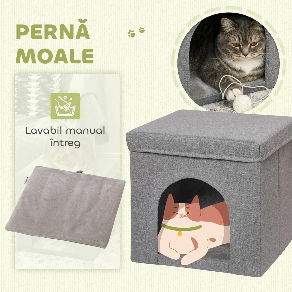 PawHut Căsuță Pliabilă pentru Pisici în Formă de Cub cu Pernă și Tăviță de Zgâriat, 36.5x36.5x36.5 cm, Gri | Aosom Romania