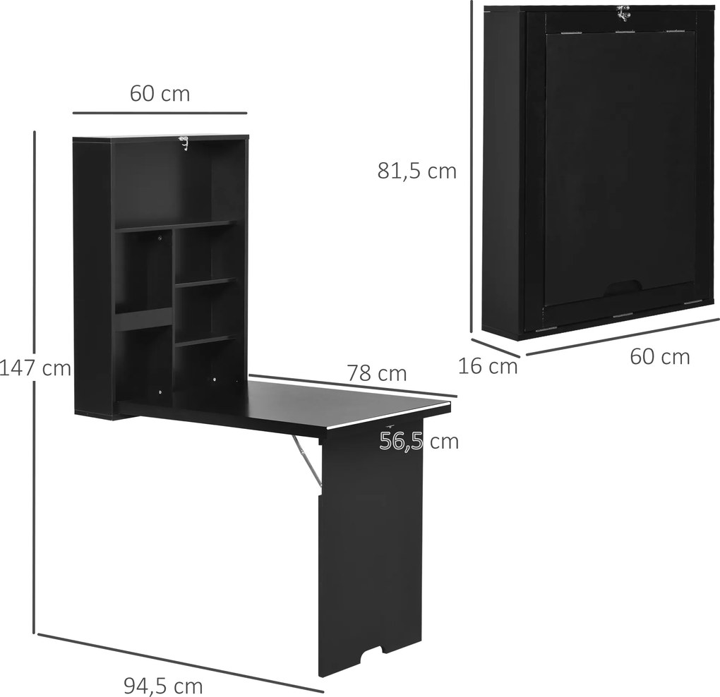 HOMCOM Masă pliantă de perete Birou de perete, incl. tablă de scris, 60 cm x 94,5 cm x 147 cm, Negru | Aosom Romania