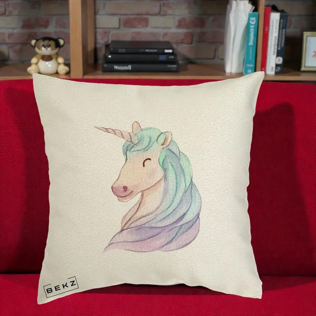 Perna Decorativa Unicorn Acuarela Pastel, 40x40 cm, Ecru, Husa Detasabila, Perna Inclusa, BEKZ®