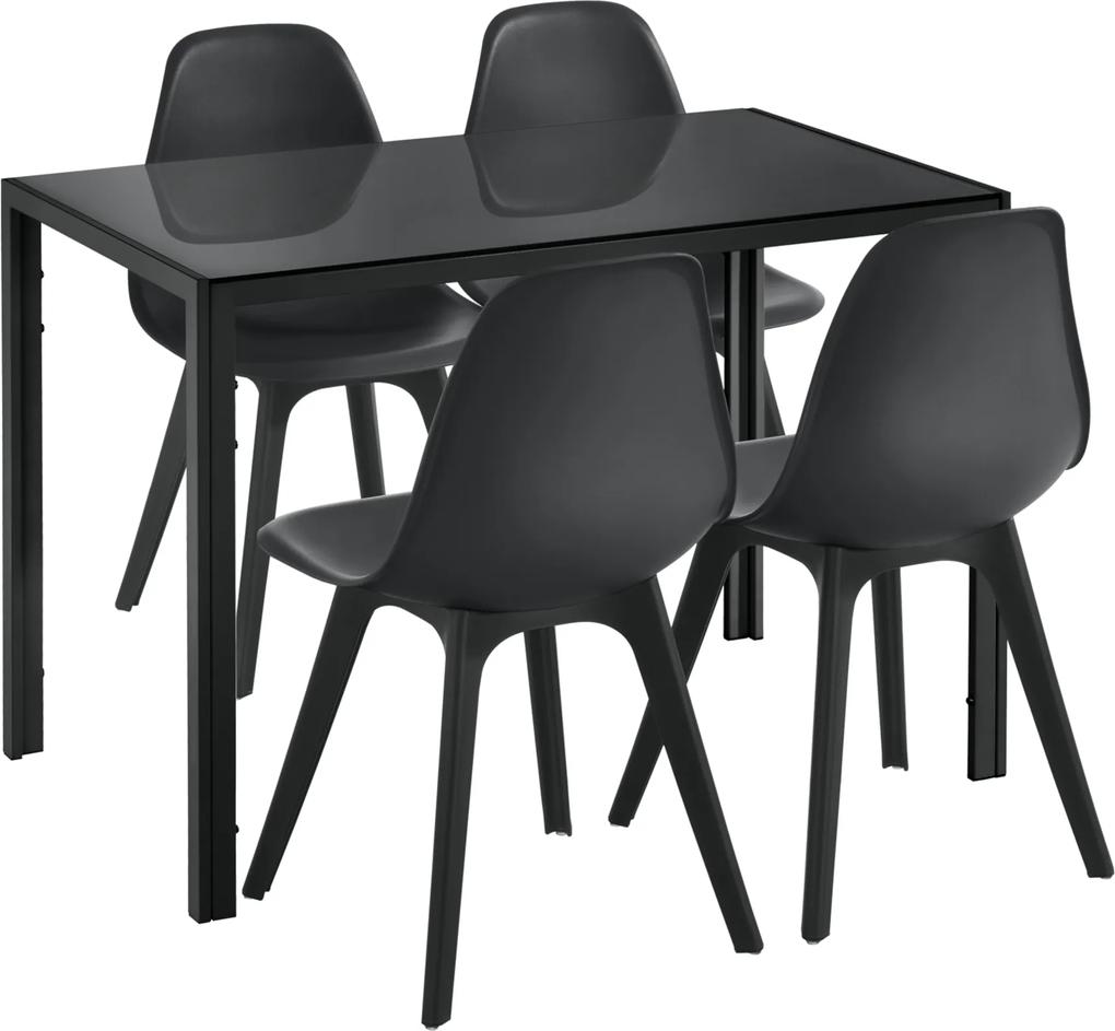 [en.casa] Set Xenia masa cu 4 scaune design, masa 105 x 60 cm, scaun 83 x 54 cm, sticla/metal/plastic, negru