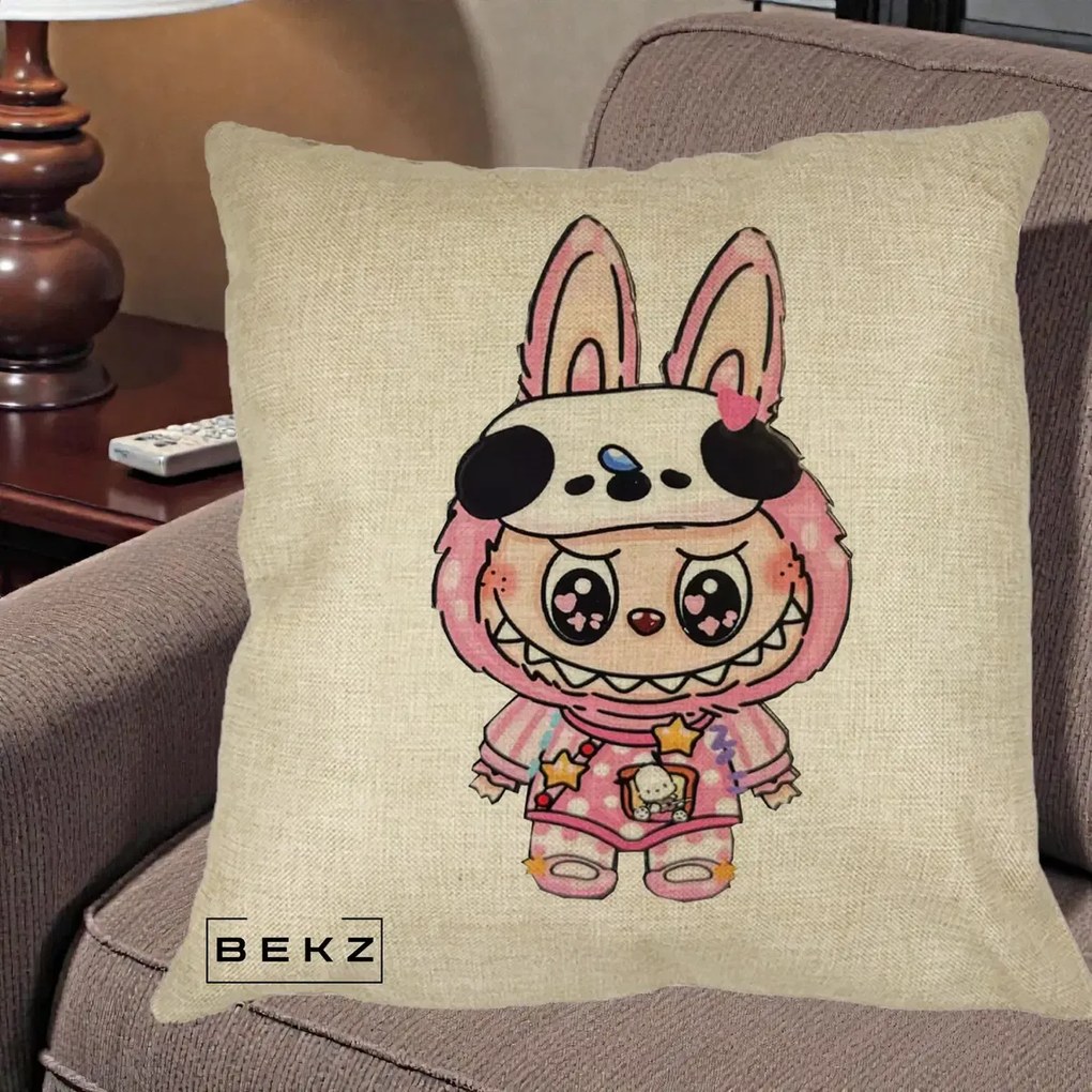 Perna Personalizata Labubu Panda-Bunny Roz, 40x40 cm, Crem, Husa Detasabila, Perna Inclusa, BEKZ®