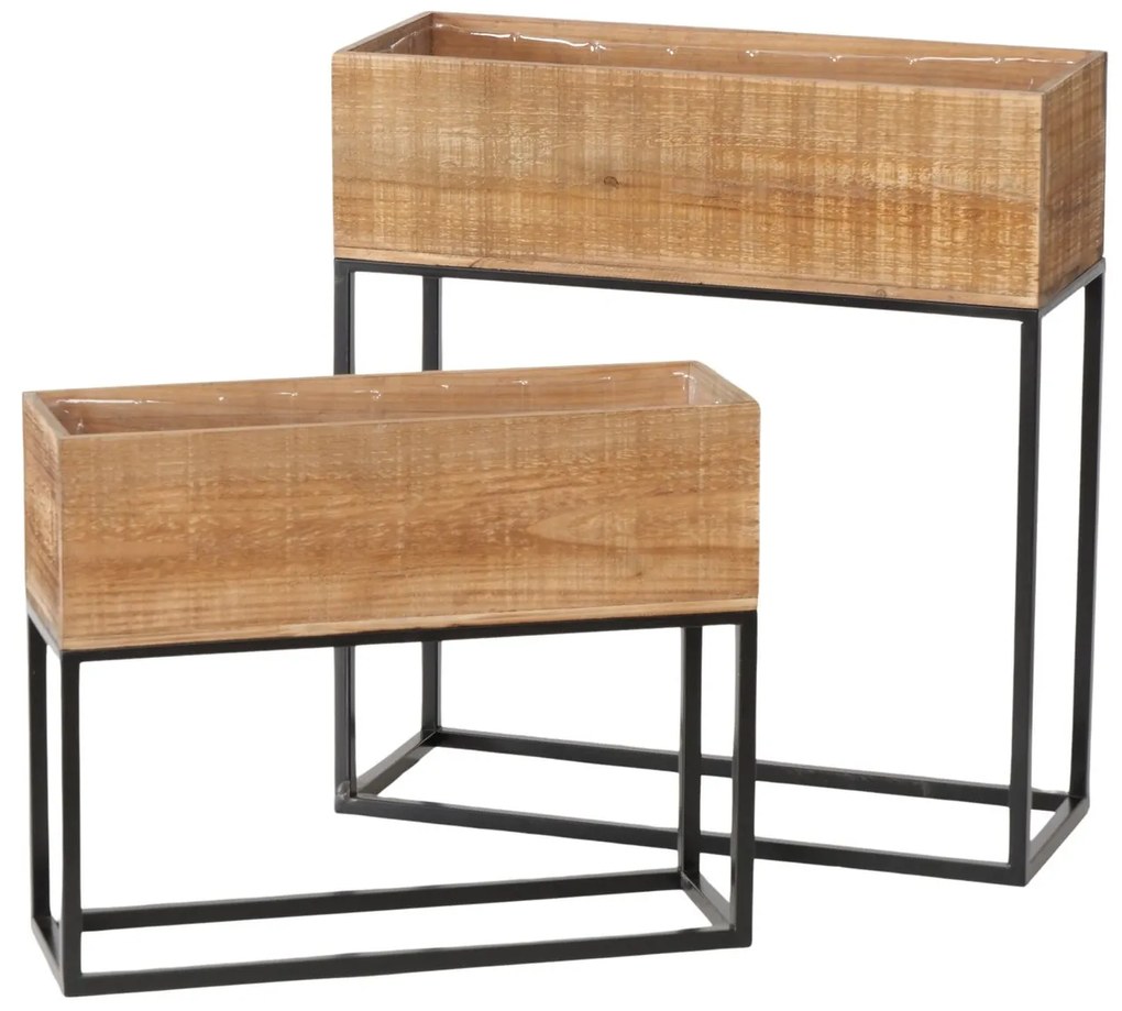 Set suporturi metalice pentru flori cu cutie din lemn ANETA, inaltime 40-59,5 cm