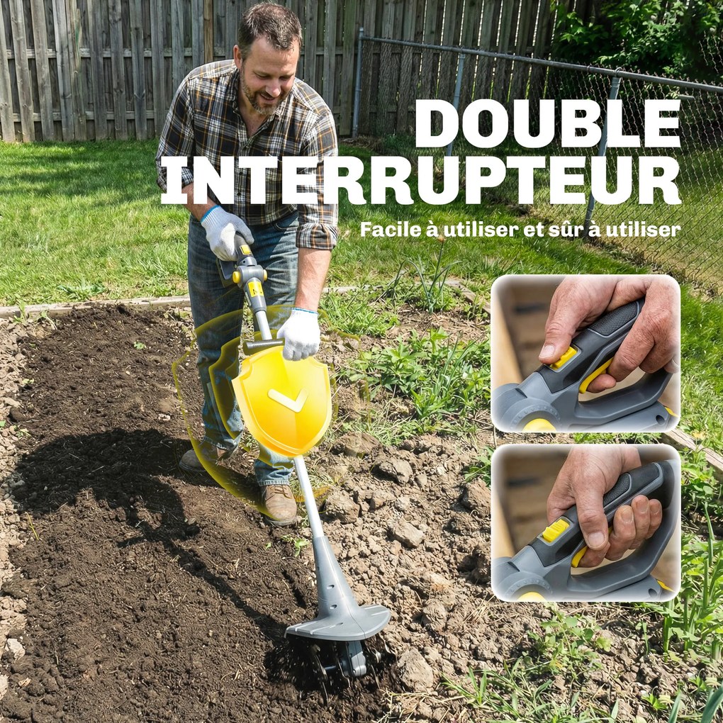 Outsunny Motocultor fără fir, Rotavator electric 18V cu 2 baterii 4000mAh, încărcător, lățime de lucru 20 cm Gri | Aosom Romania