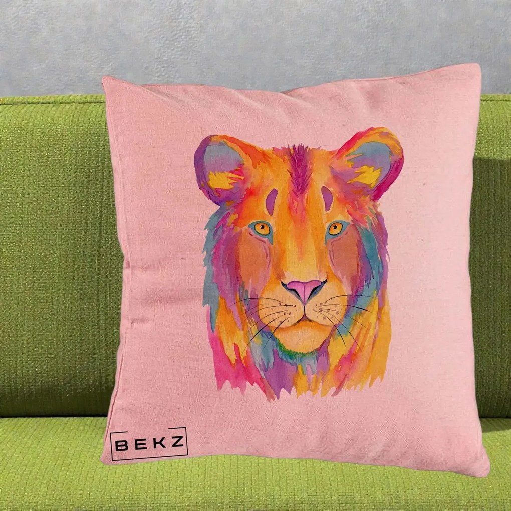 Perna Decorativa Leu Acuarela Curcubeu, 40x40 cm, Roz, Husa Detasabila, Perna Inclusa, BEKZ®