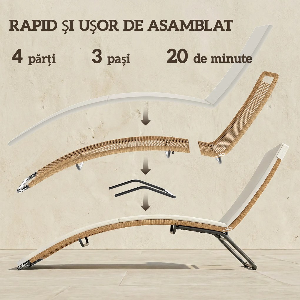Outsunny Șezlong din Ratan Forma S cu Pernă, Șezlong de Grădină cu Structură din Oțel, pentru Terasă, Plajă, Piscină, Grădină, 175x57x80cm, Crem | Aosom Romania