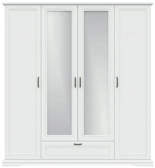 Dormitor Valencia, MDF Vopsit Alb, Dulap 4 usi si 1 Sertar, Pat 160x200, Comoda 2 Usi 3 Sertare, 2 Noptiere