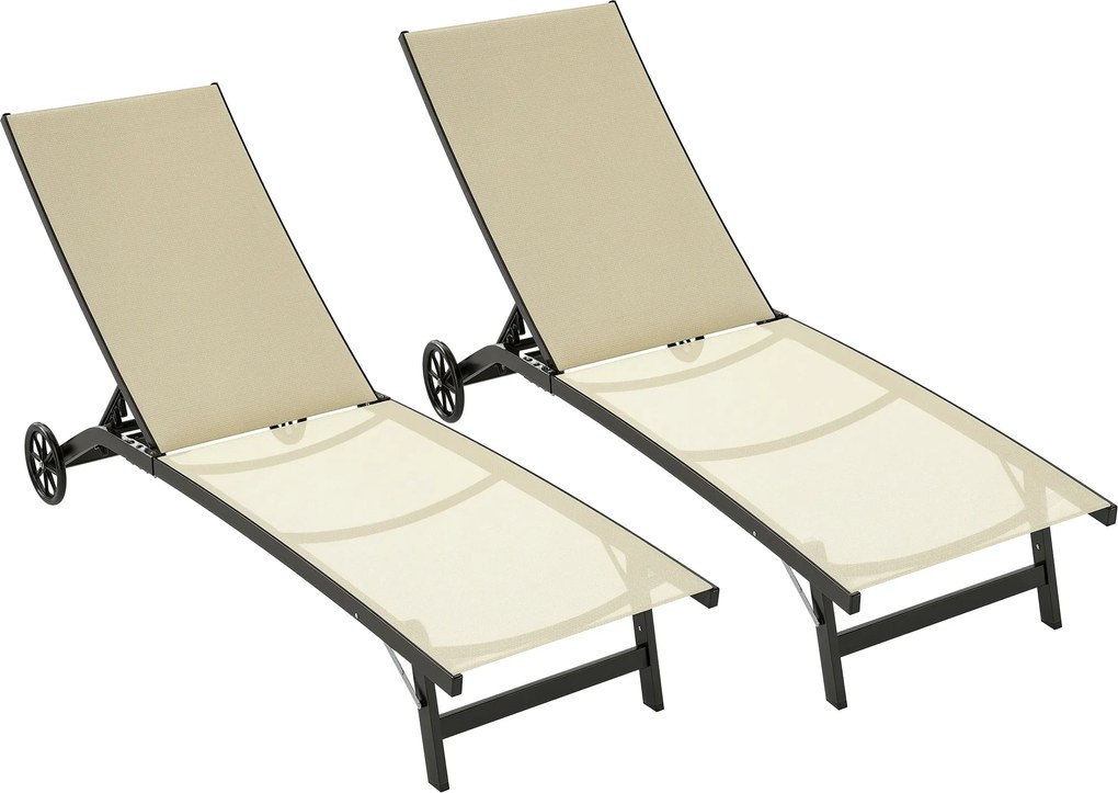 Outsunny Set de 2 șezlonguri din aluminiu și textilenă cu roți, spătar reglabil, sarcină max. 150 kg kaki | Aosom Romania