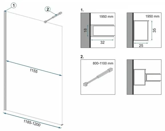 Paravan de dus tip Walk-in Rea Aero 120x195 cm si etajera cu suport negru