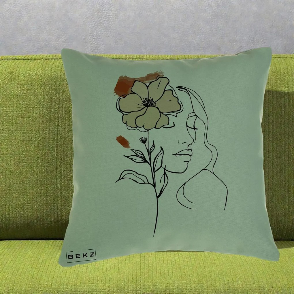 Perna Decorativa Portret Feminin Floare Bej Terracotta, 40x40 cm, Verde, Husa Detasabila, Perna Inclusa, BEKZ®