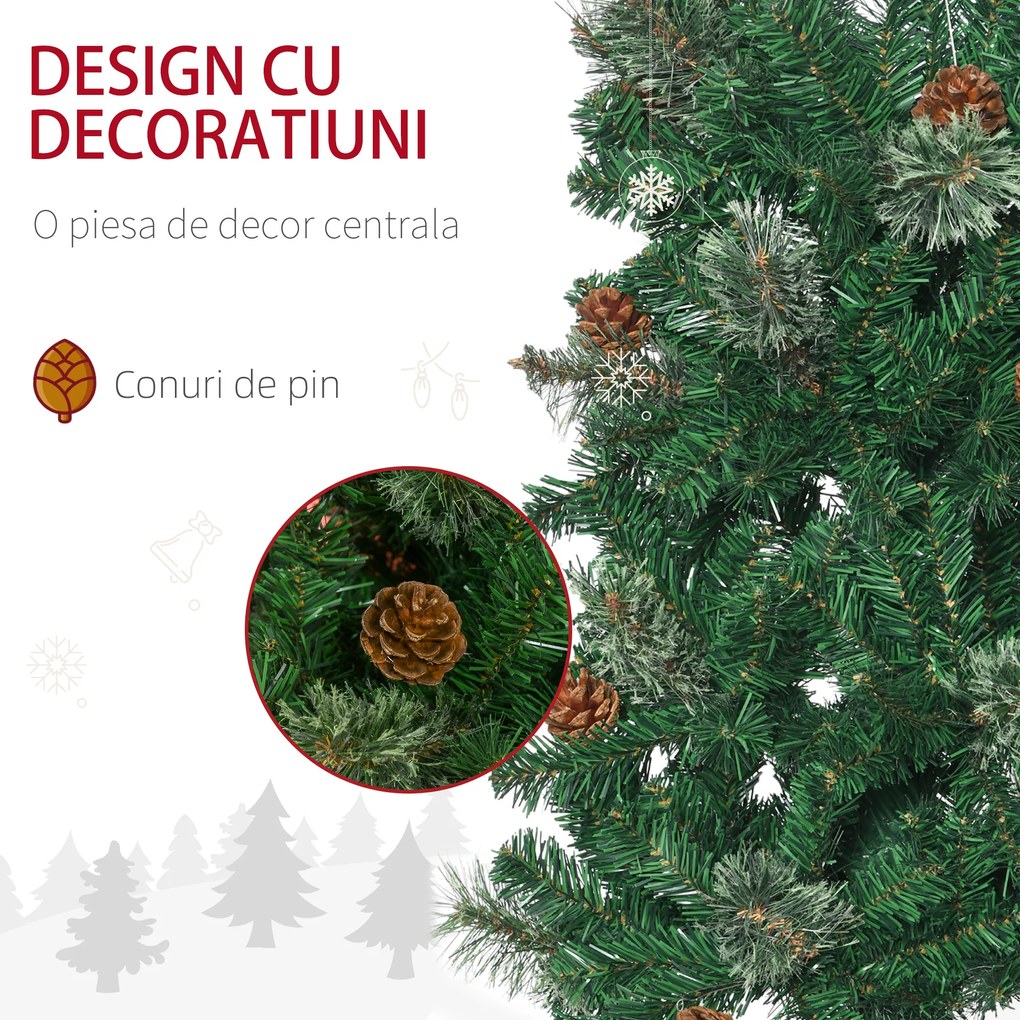 Pom de Craciun artificial 165cm cu ramuri realiste si 27 de conuri de pin, decor de Craciun, verde HOMCOM | Aosom RO
