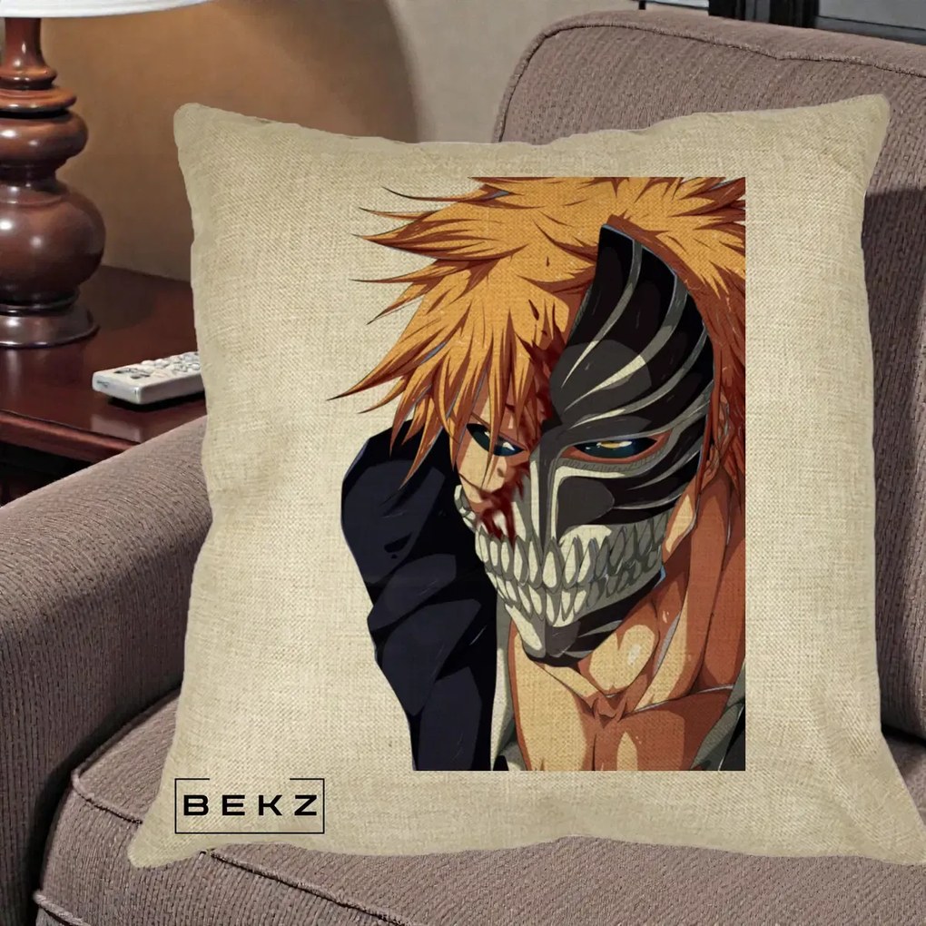 Perna Personalizata Bleach Ichigo Masca Hollow, 40x40 cm, Crem, Husa Detasabila, Perna Inclusa, BEKZ®