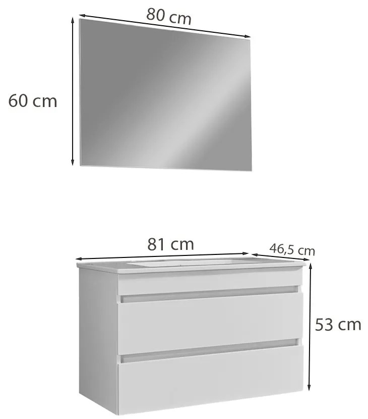 Mobilier de baie Cube, chiuvetă ceramică 80 cm, oglindă cu 2 sertare, 60x80 cm, gri antracit