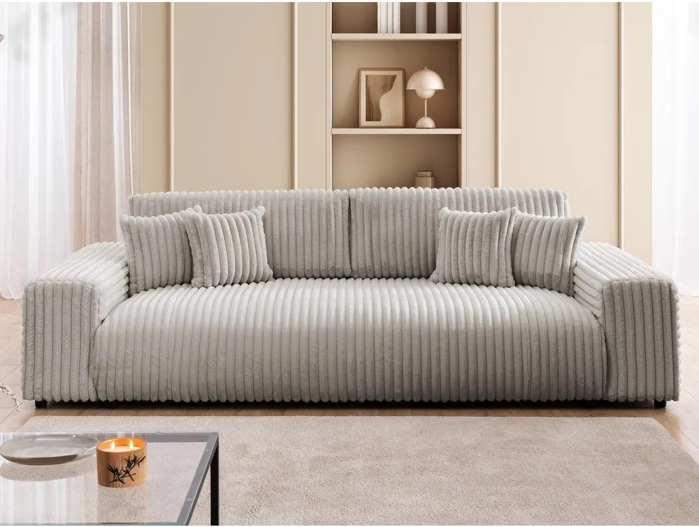 Canapea gri deschis extensibilă/cu spațiu de depozitare cu tapițerie din catifea reiată 260 cm Justin – Ropez