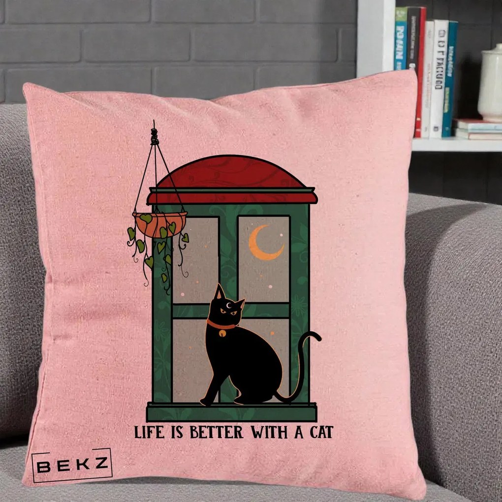 Perna Personalizata Life is Better with a Cat Geam, 40x40 cm, Roz, Husa Detasabila, Perna Inclusa, BEKZ®