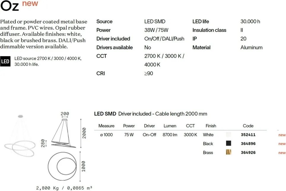 Lustra LED suspendata design circular OZ SP D100 ON-OFF NERO 3000K