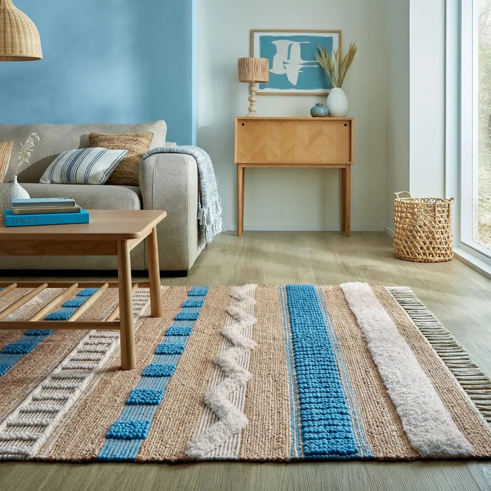 Covor albastru/în culoare naturală țesut manual din amestec de iută 160x230 cm Medina Jute – Flair Rugs