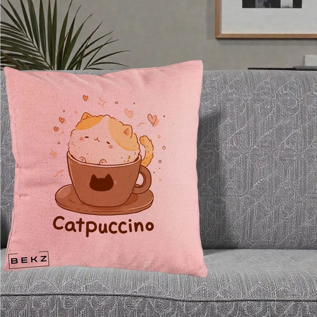 Perna Decorativa Catpuccino Pisica Cappuccino, 40x40 cm, Roz, Husa Detasabila, Perna Inclusa, BEKZ®