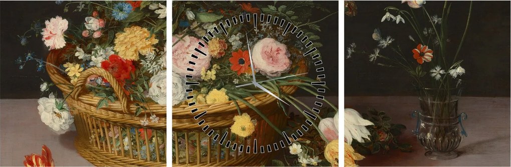Tablou - Jan Brueghel the Elder, Flowers in a Basket and a Vase, reproducere (cu ceas) (90x30 cm)